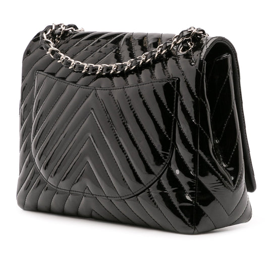 Chanel – Maxi Classic Chevron Patent Single Flap in pelle verniciata nera - Etoilux