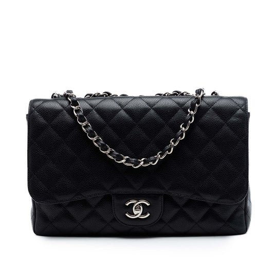 Chanel Classic Flap Jumbo pelle caviar nera hardware argento