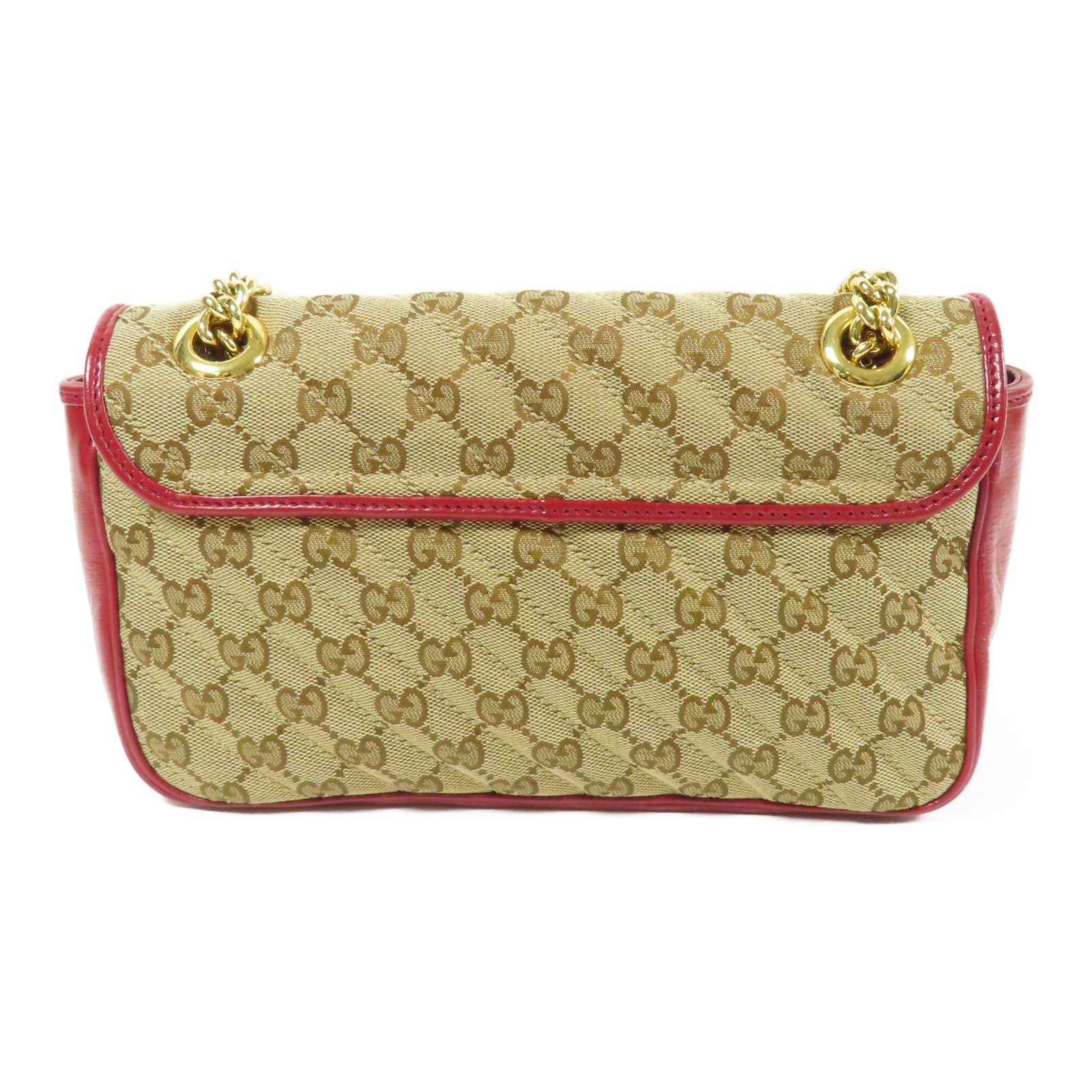 Gucci GG Marmont Small Shoulder Bag – Canvas GG Beige/Rosso con Tracolla a Catena Dorata – 25 cm - Etoilux