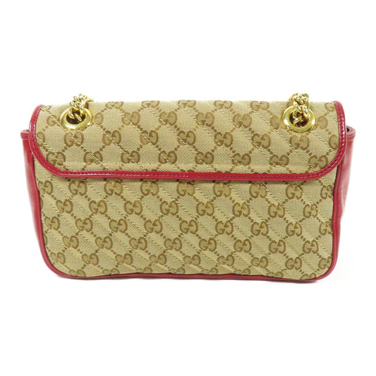 Gucci GG Marmont Small Shoulder Bag – Canvas GG Beige/Rosso con Tracolla a Catena Dorata – 25 cm - Etoilux