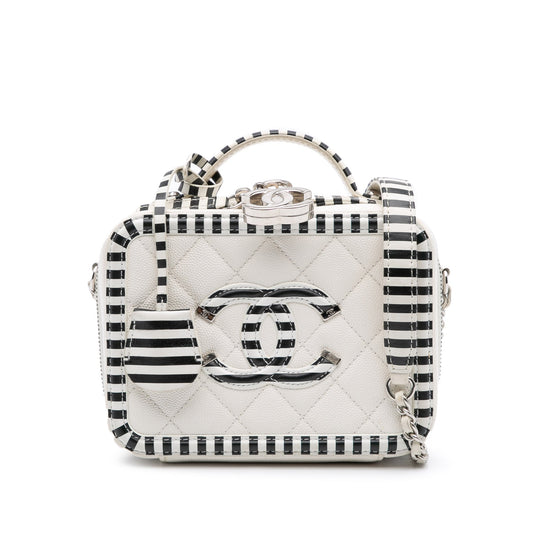 Chanel Small Filigree CC Vanity Case Caviar Bianco con Profili a Righe Nere – 2019 - Etoilux
