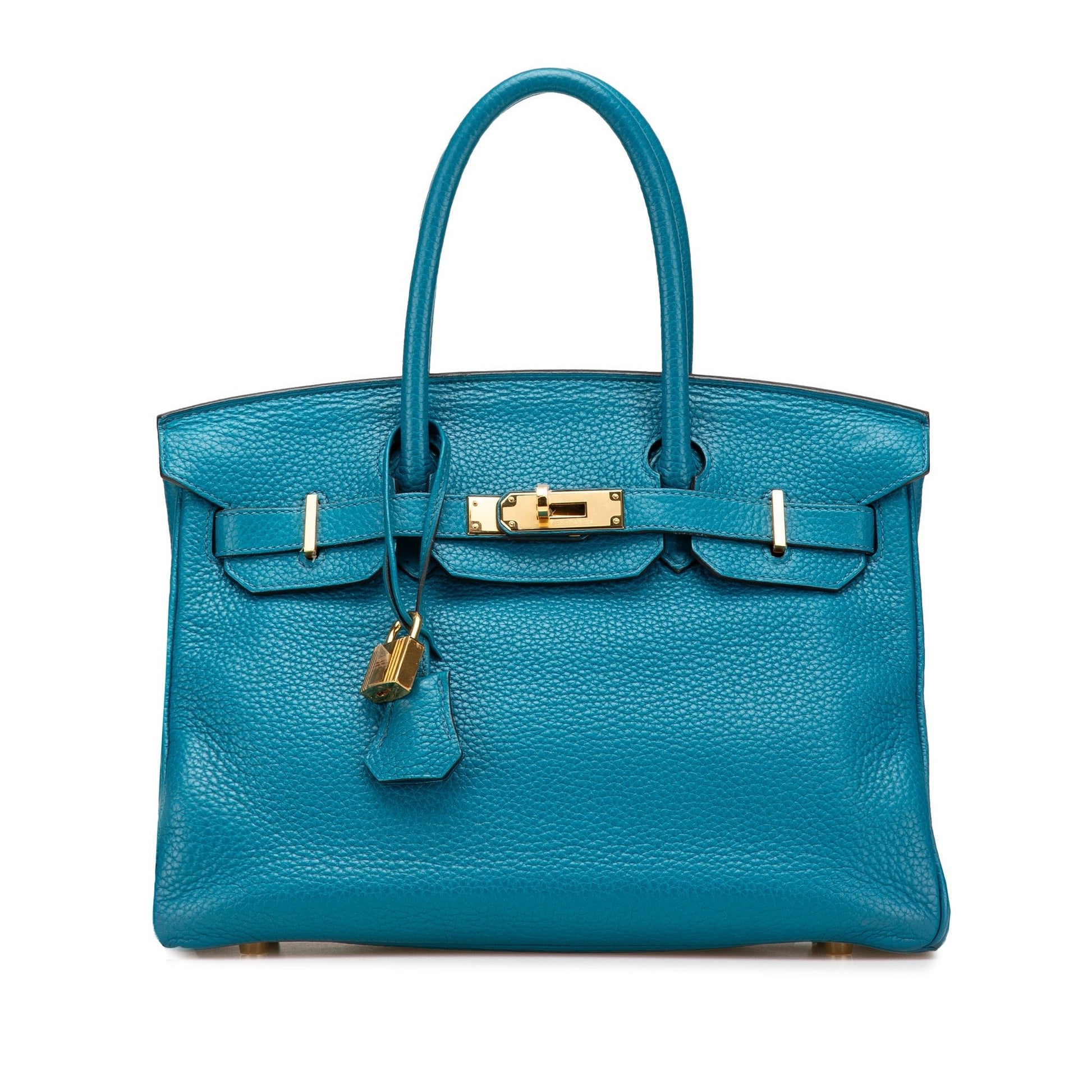 Vista frontale Hermès Birkin 30 Togo Bleu Izmir hardware oro