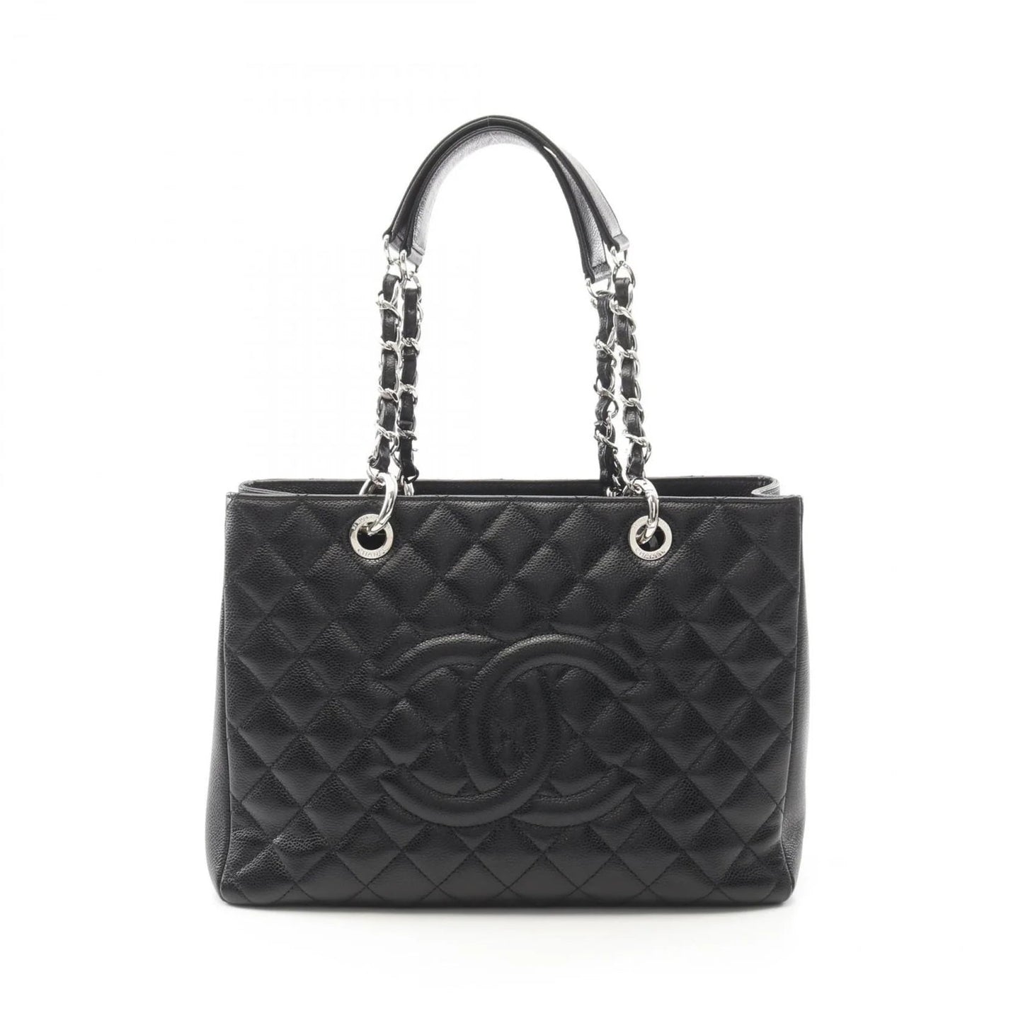 Chanel Grand Shopping Tote nera in pelle Caviar con catena argento e logo CC frontale.