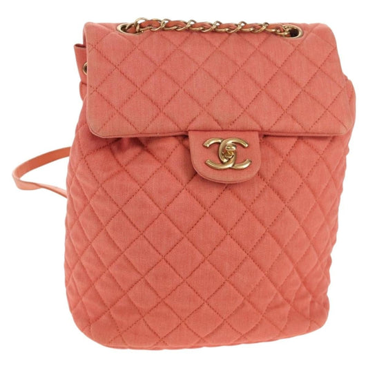 Chanel zaino denim corallo trapuntato fronte CC turnlock