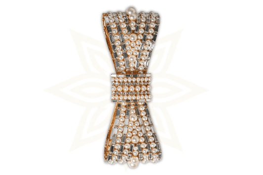 Spilla Dolce & Gabbana con Fiocco in Ottone Dorato, Cristalli e Perle Sintetiche - Etoilux