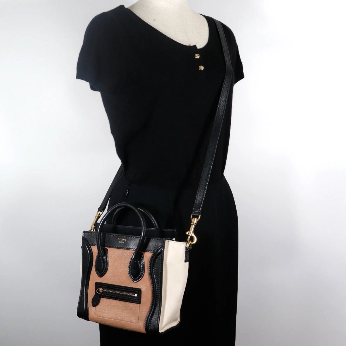 Céline Nano Luggage in Pelle Tricolore – Nero, Marrone e Bianco Sporco - Etoilux