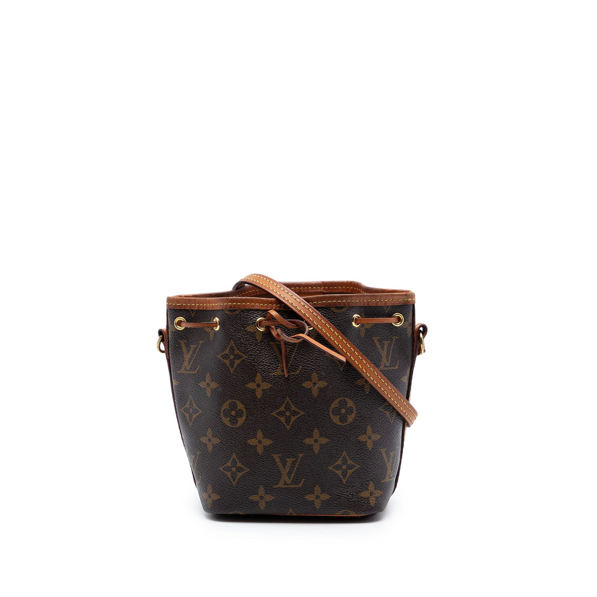 Borsa Louis Vuitton Nano Noé in tela Monogram con finiture in vacchetta patinata e tracolla lunga, vista frontale