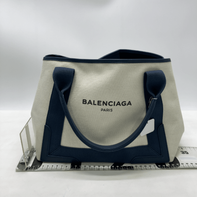 Balenciaga Navy Cabas Tela Naturale e Pelle Navy – Small - Etoilux