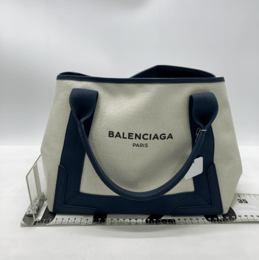 Balenciaga Navy Cabas Tela Naturale e Pelle Navy – Small - Etoilux