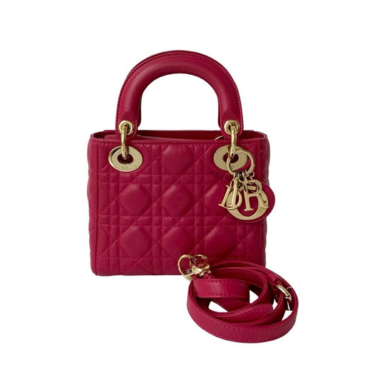 Dior Lady Dior Mini pelle rosa – dettaglio fronte, retro, interno, charm, manici, tracolla.