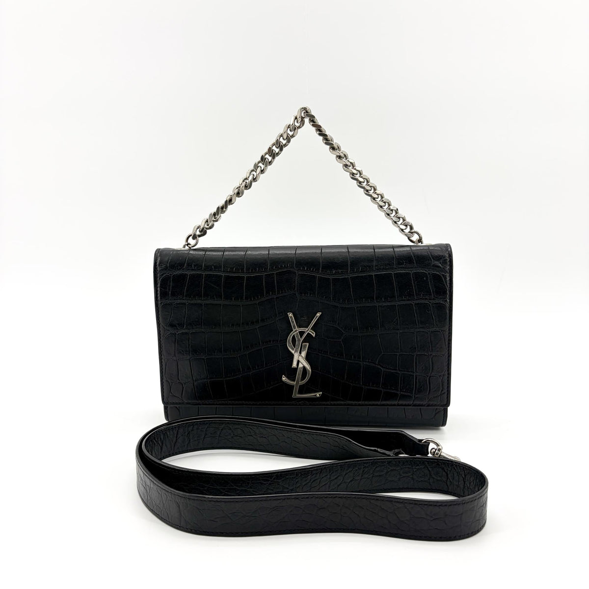 Saint Laurent Kate Medium Croc-Embossed Shoulder Bag Black Silver Hardware - Etoilux