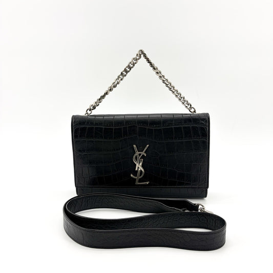 Saint Laurent Kate Medium Croc-Embossed Shoulder Bag Black Silver Hardware - Etoilux