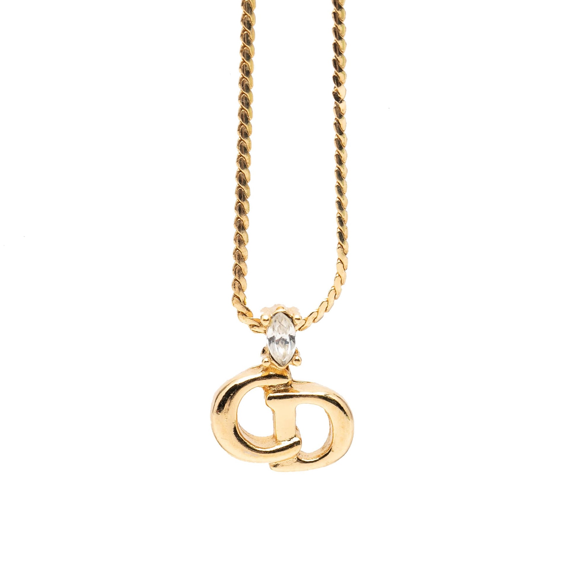 Christian Dior vintage collana pendente CD logo cristallo marquise oro frontale