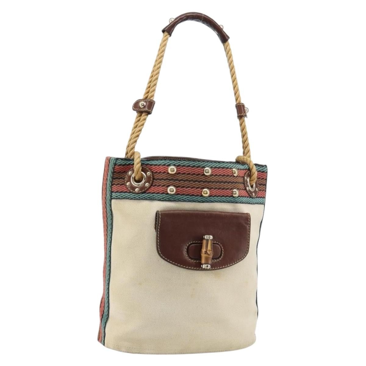 Gucci Vintage Bamboo Bucket Bag Canvas Beige Web Stripe – 23 cm - Etoilux