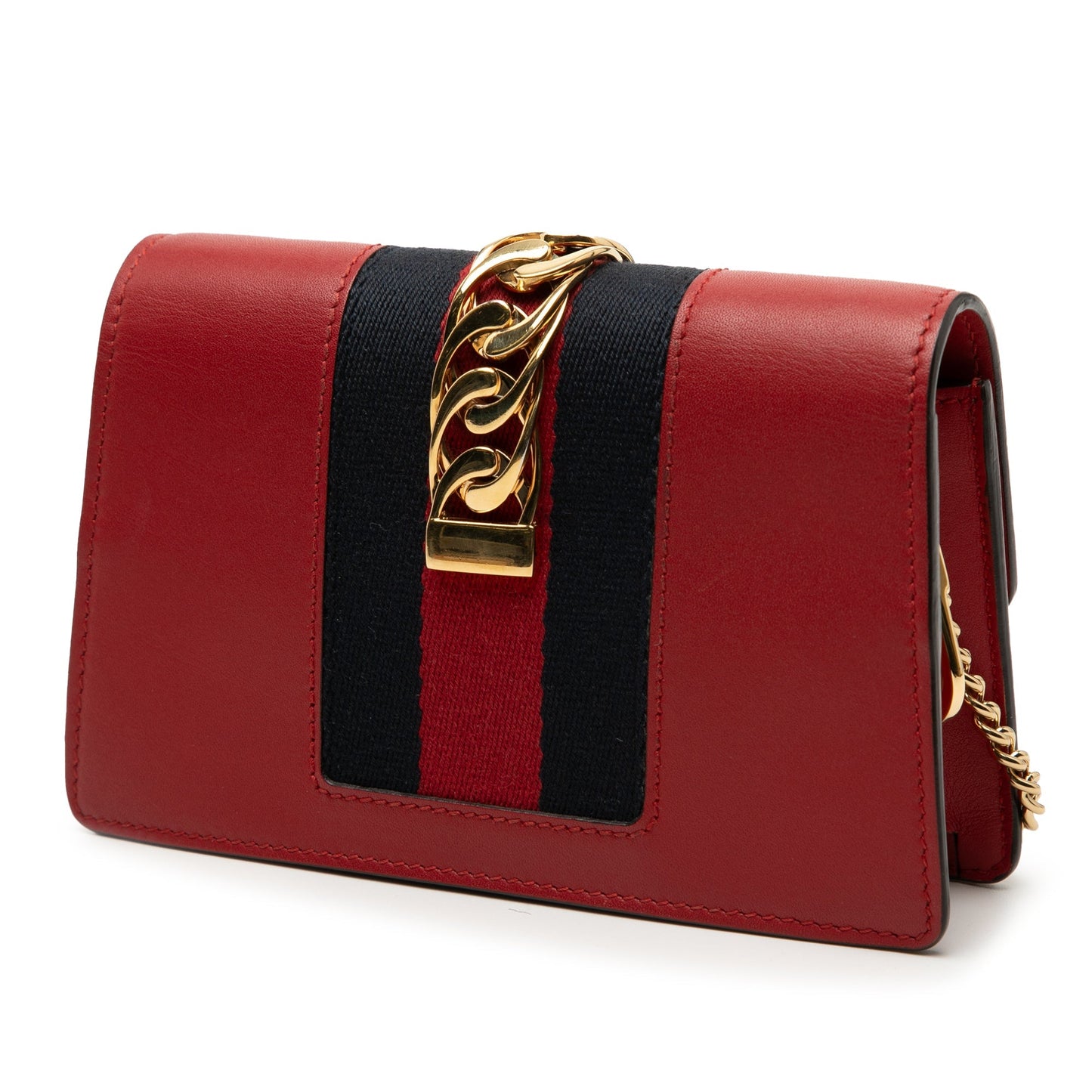 Gucci Sylvie Mini Pelle di Vitello Rossa con Web Stripe e Catena Oro — 16 cm - Etoilux