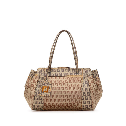 Fendi Pillow Tote Zucchino tela rivestita nylon beige marrone large, vista frontale