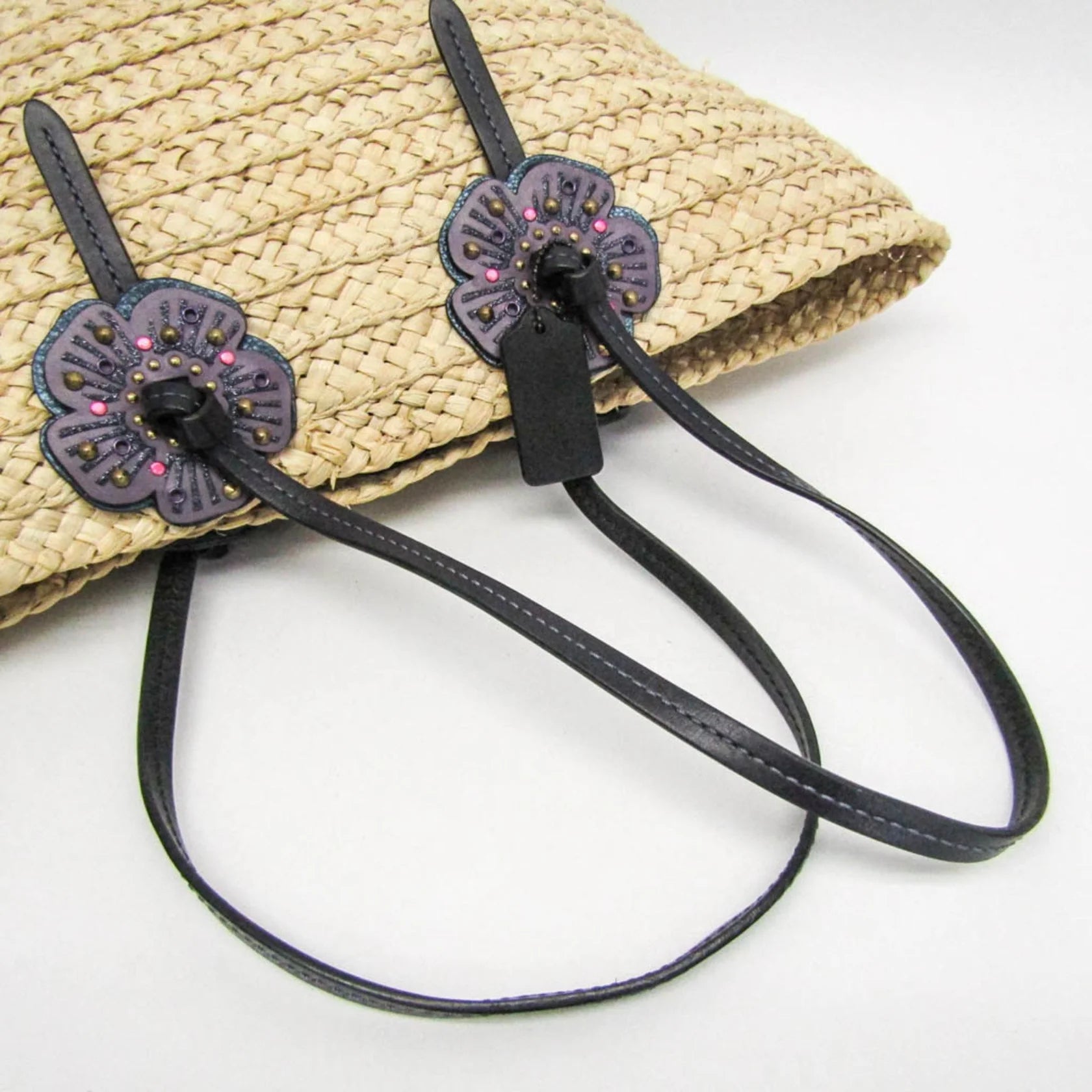 Coach Borsa tote da donna in pelle e paglia intrecciata Coach con motivo Tea Rose, beige e viola - Etoilux