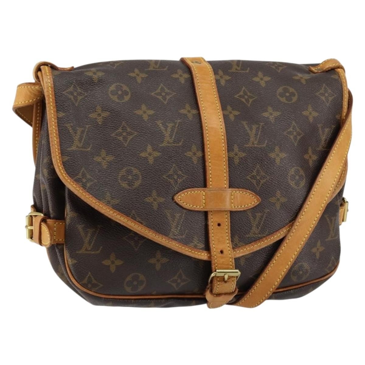 Louis Vuitton Saumur 30 Monogram fronte, patina vachetta miele
