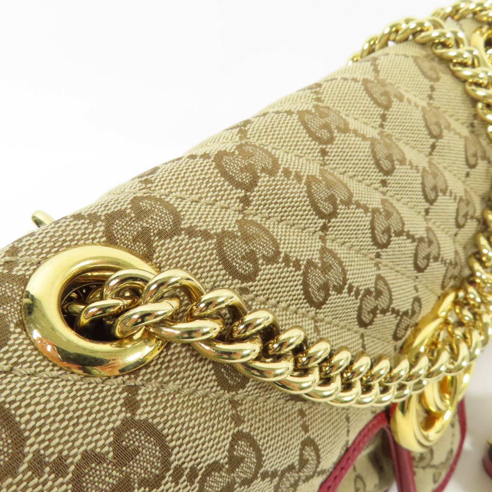 Gucci GG Marmont Small Shoulder Bag – Canvas GG Beige/Rosso con Tracolla a Catena Dorata – 25 cm - Etoilux
