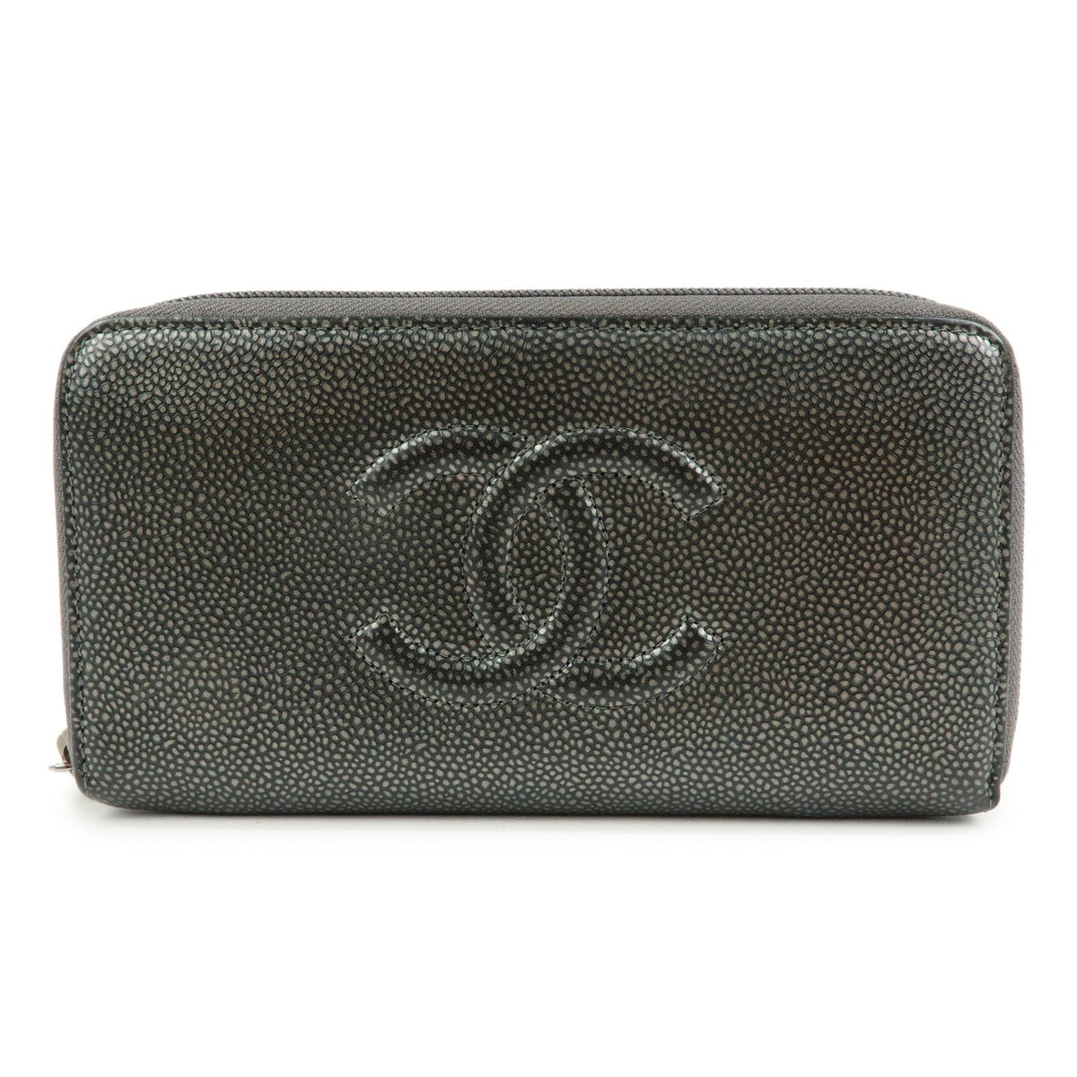 Chanel Portafoglio Zip Around Logo CC – Caviar grigio metallizzato