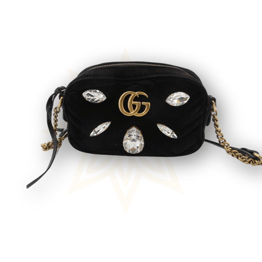 Gucci – GG Marmont Flap Bag in velluto matelassé con cristalli (misura media) - Etoilux