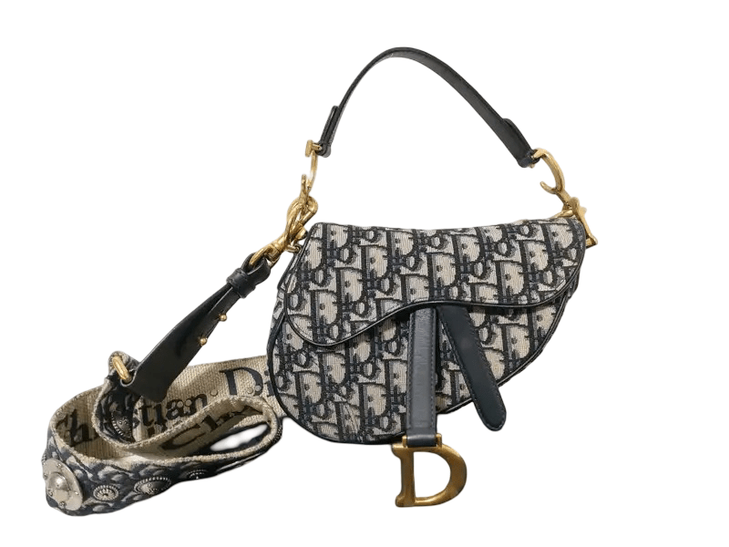 Christian Dior Saddle Medium Tela Oblique Blu Hardware Oro con Tracolla Ricamata | Etoilux