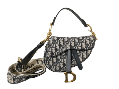 Christian Dior Saddle Medium Tela Oblique Blu Hardware Oro con Tracolla Ricamata | Etoilux