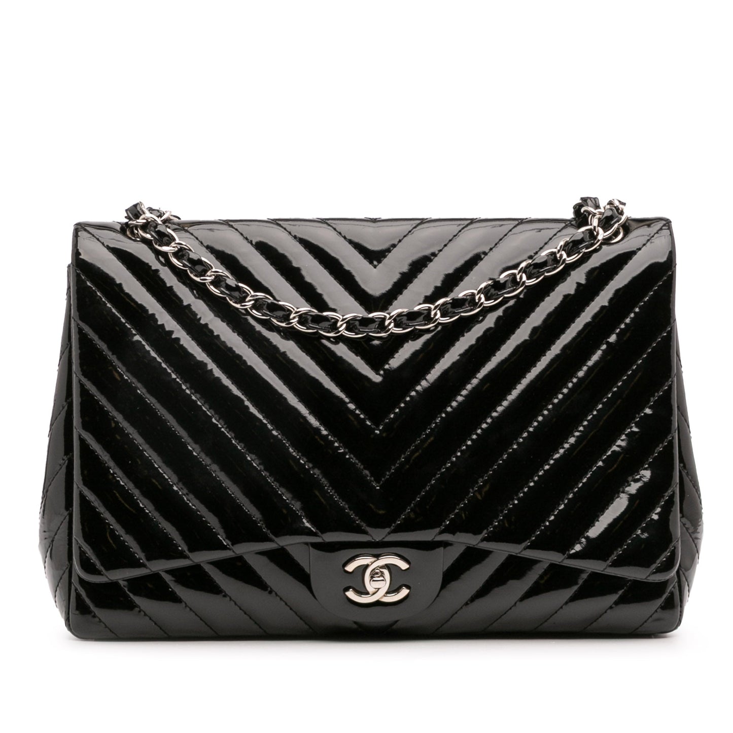 Chanel – Maxi Classic Chevron Patent Single Flap in pelle verniciata nera