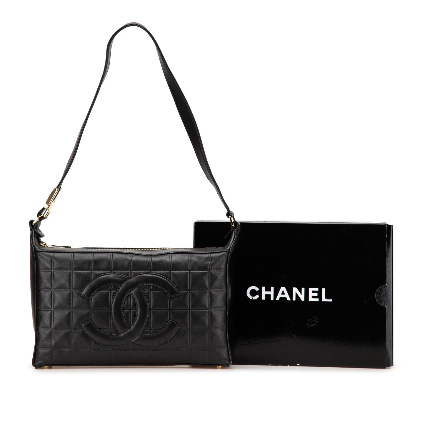 Chanel Chocolate Bar CC Shoulder Bag Pelle di Agnello Nera – 27,5 cm