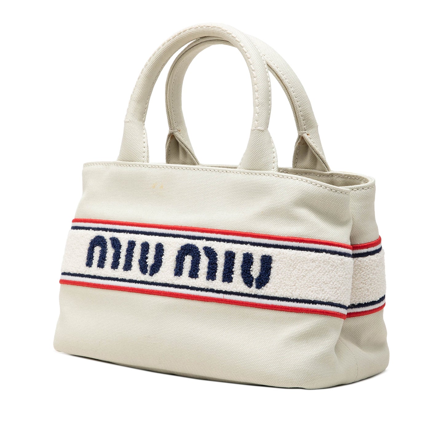 Miu Miu Tote Small in Tela Écru con Banda Logo a Spugna – 23,5 cm