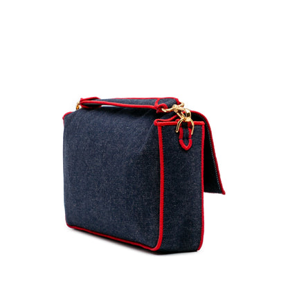 Fendi Baguette Large Denim Blu con Ricamo Rosso – 32 cm