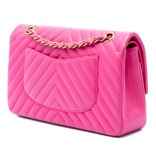 Chanel Timeless Classic Double Flap Medium Chevron Pelle d'Agnello Rosa Fucsia 2015–2016 – 25 cm