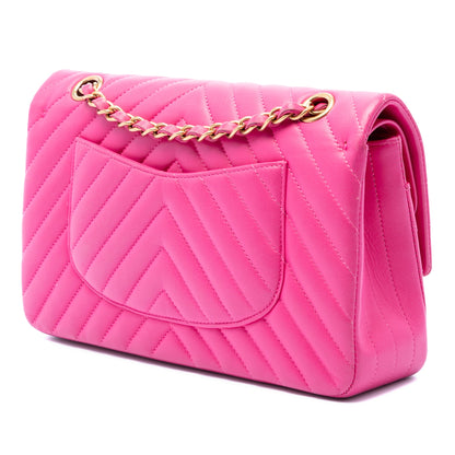 Chanel Timeless Classic Double Flap Medium Chevron Pelle d'Agnello Rosa Fucsia 2015–2016 – 25 cm