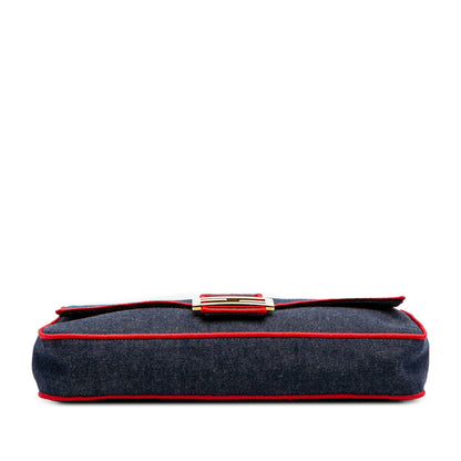Fendi Baguette Large Denim Blu con Ricamo Rosso – 32 cm