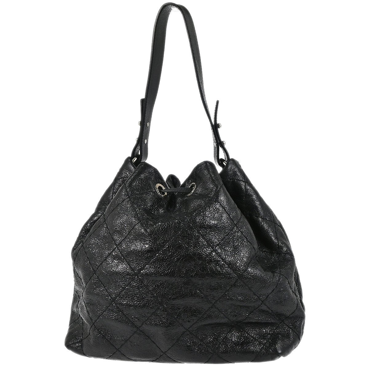 Chanel On the Road Drawstring Bucket Bag Vitello Crinkled Nero Hardware Argento – 29 cm