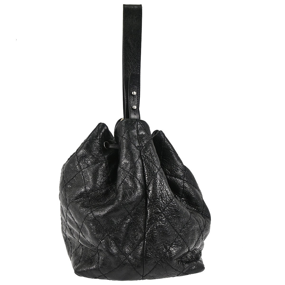 Chanel On the Road Drawstring Bucket Bag Vitello Crinkled Nero Hardware Argento – 29 cm